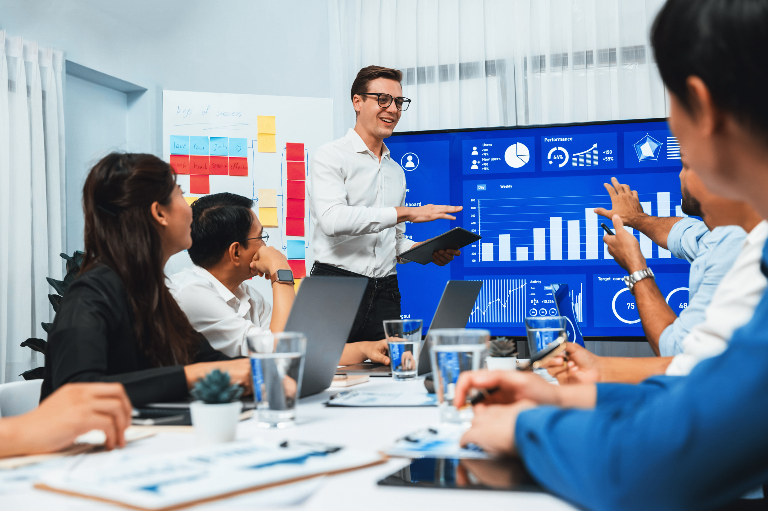 Presentation in office or meeting room with analyst team utilizing BI Fintech to analyze financial data. Businesspeople analyzing BI dashboard power display on TV screen for strategic planning.Prudent